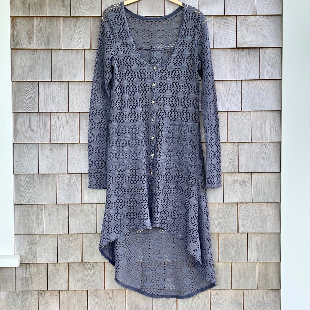 Crocheted Button Down Cardigan, Grey, Long